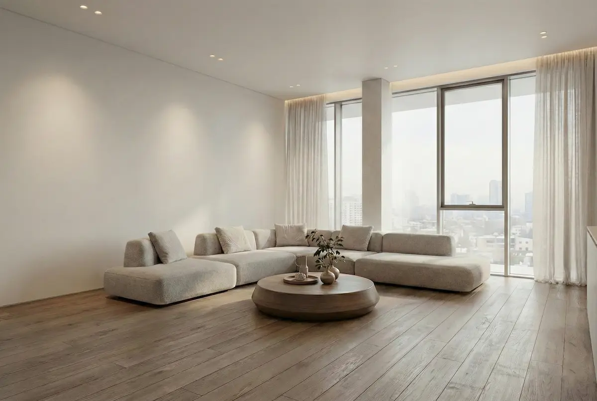 Minimal premium living room with panoramic windows and neutral interior, representing property purchase.